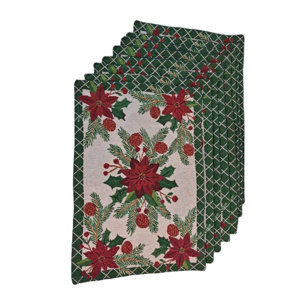 Poinsettia And Berries Embroidered Table Placemats Christmas Winter Family